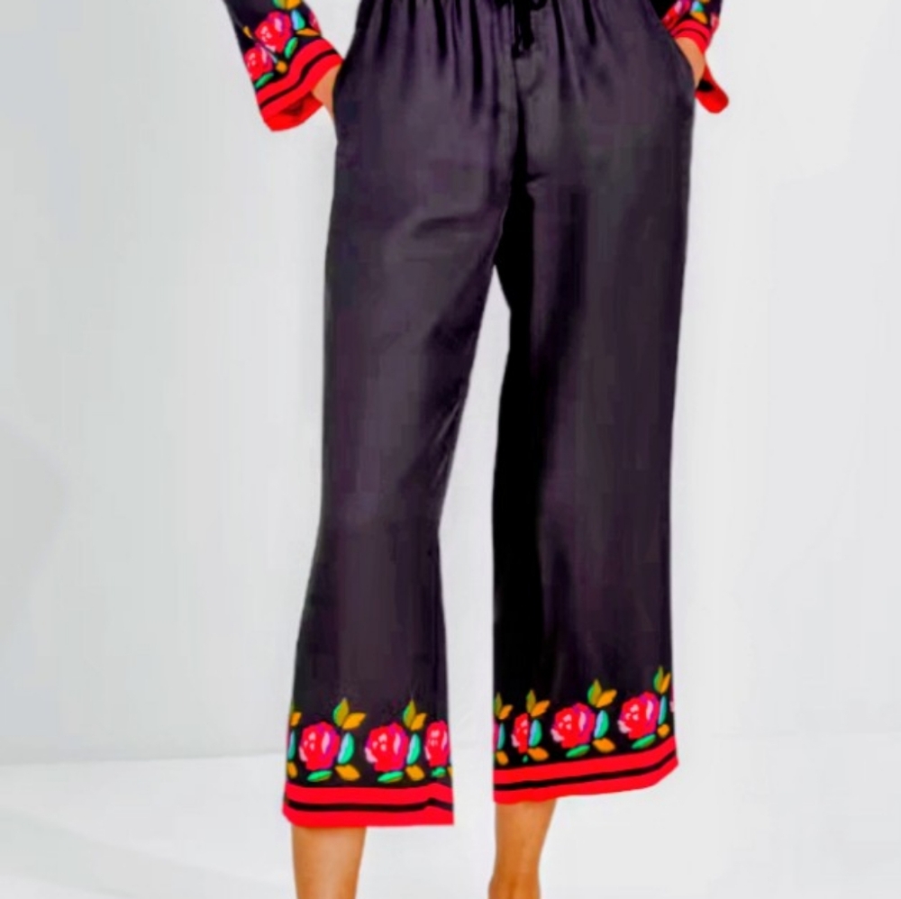 Kate Spade Rose Boarder Women's Silk Blend Pull On Pants Size Large
